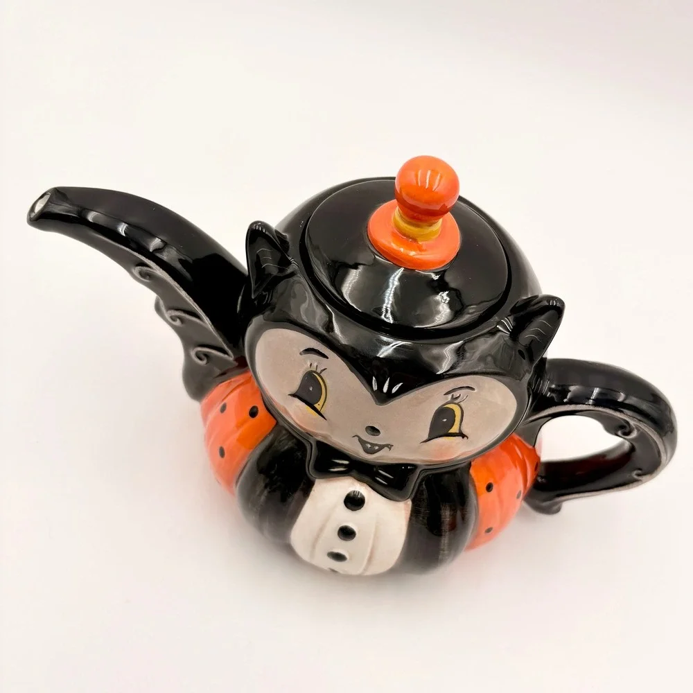 Johanna Parker Halloween Vampire Bat Pumpkin Ceramic Teapot Vintage Style